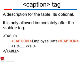<caption> tag
A description for the table. Its optional.

It is only allowed immediately after the
<table> tag.
<TABLE>
    <CAPTION >Employee Data</CAPTION>
    <TR>……</TR>
</TABLE>
 