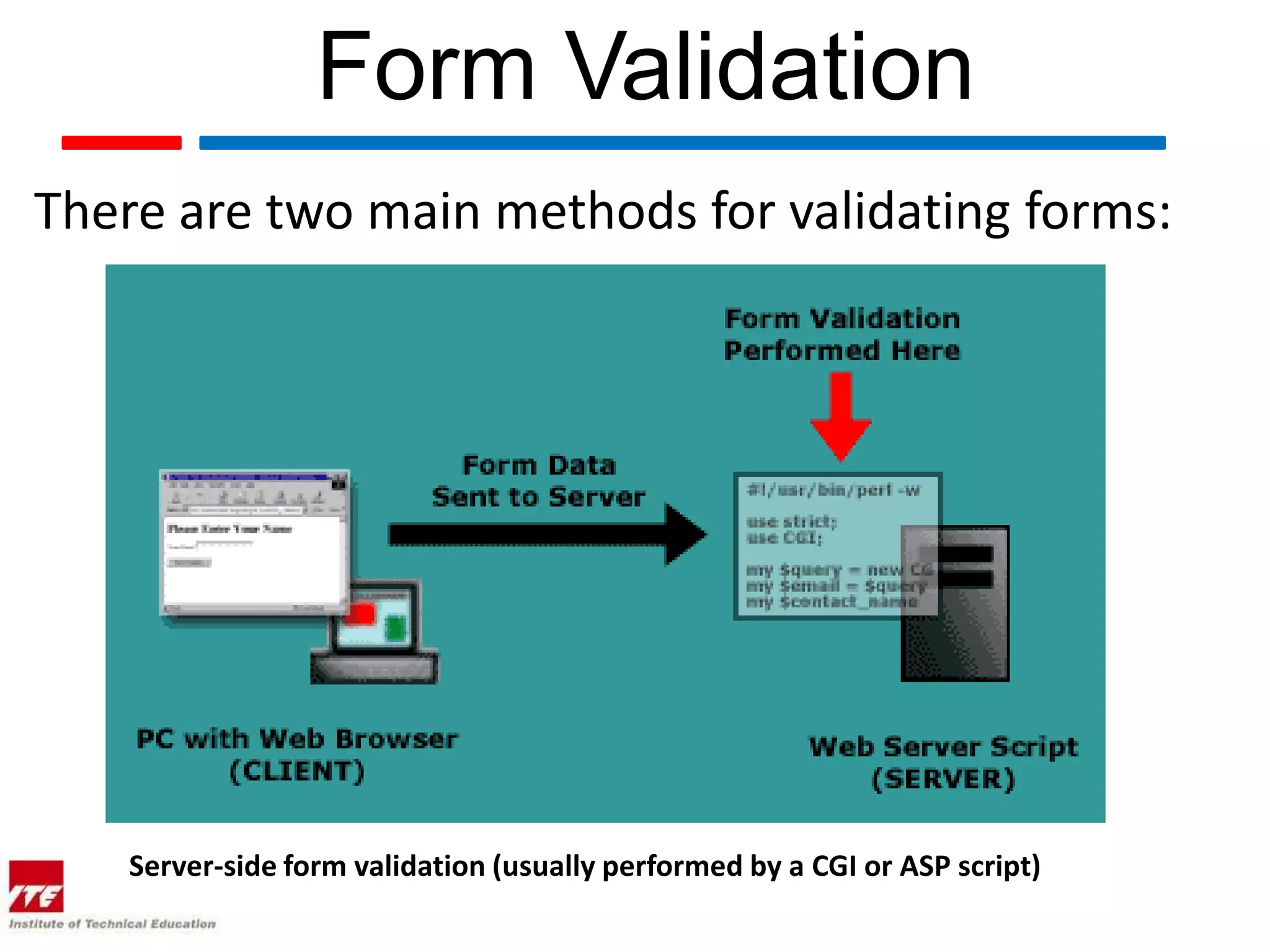 Form Validation
There are two main methods for validating forms:




    Server-side form validation (usually performed by a CGI or ASP script)
 