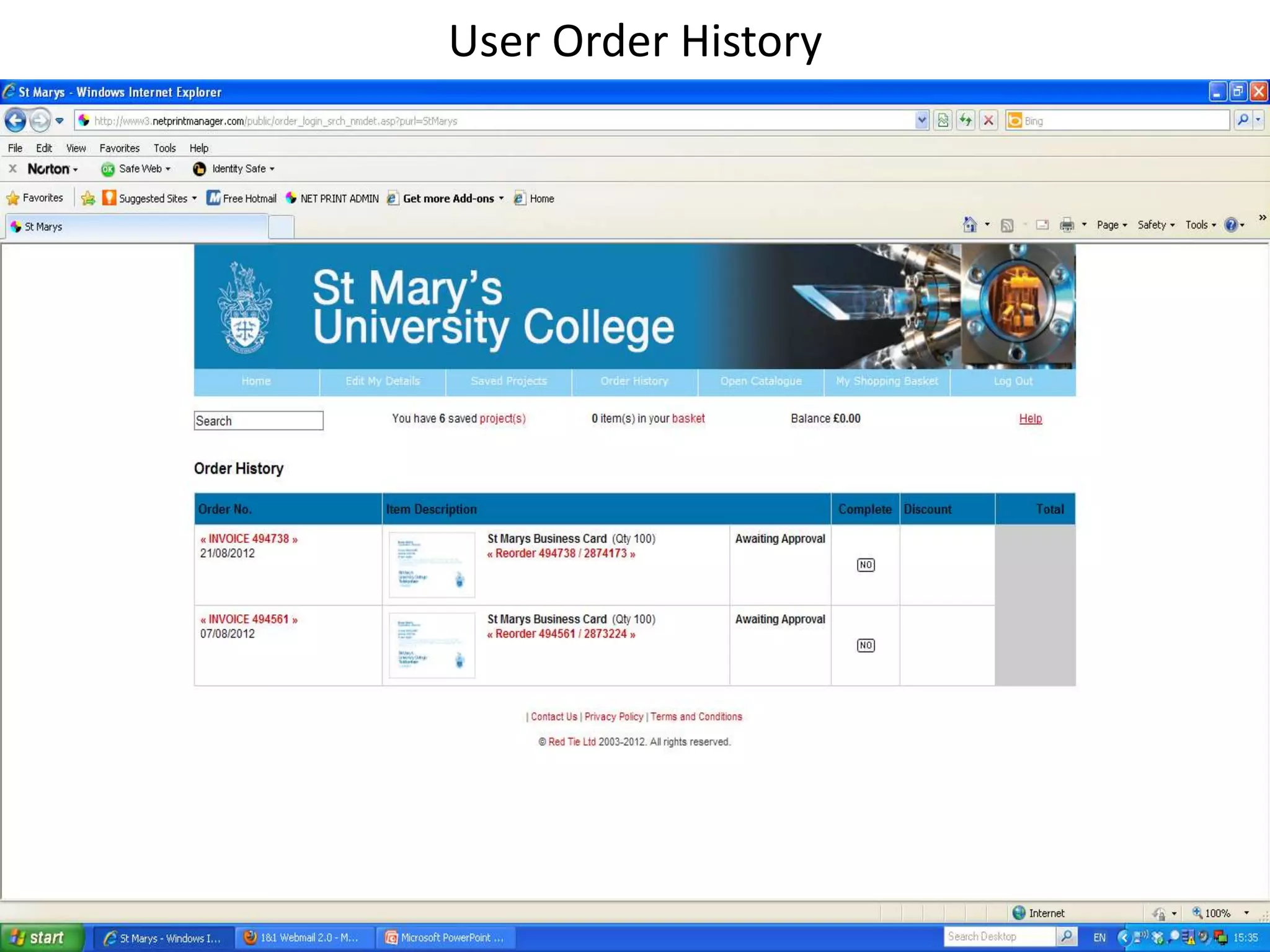 User Order History
 