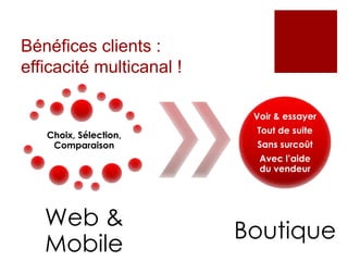 Bénéfices clients :
efficacité multicanal !

                           Voir & essayer
                           Tout de suite
   Choix, Sélection,
    Comparaison            Sans surcoût
                            Avec l’aide
                            du vendeur




   Web &
                          Boutique
   Mobile
 