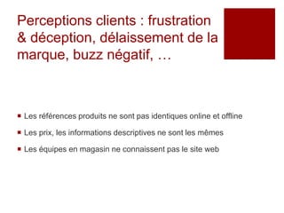 Perceptions clients : frustration
& déception, délaissement de la
marque, buzz négatif, …



 Les références produits ne sont pas identiques online et offline

 Les prix, les informations descriptives ne sont les mêmes

 Les équipes en magasin ne connaissent pas le site web
 