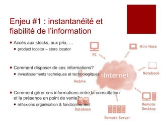 Enjeu #1 : instantanéité et
fiabilité de l’information
 Accès aux stocks, aux prix, …
  product locator – store locator



 Comment disposer de ces informations?
  investissements techniques et technologiques



 Comment gérer ces informations entre la consultation
  et la présence en point de vente?
  réflexions organisation & fonctionnement
 