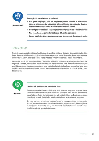 INTRODUÇÃO 21
A redução da jornada legal de trabalho:
Não gera empregos, pois as empresas podem recorrer a alternativas
como a automação de processos, a intensificação da produção dos em-
pregados existentes ou até a migração para outros países;
Restringe a liberdade de negociação entre empregadores e trabalhadores;
Não reconhece as particularidades de diferentes setores; e
Ignora os efeitos sobre as microempresas e empresas de pequeno porte.
IMPORTANTE
Horas extras
O uso de horas extras é medida de flexibilidade de gestão e, portanto, de apoio à competitividade. Além
disso, diversos trabalhadores consideram as horas extras uma forma de ampliação de seus níveis de
remuneração. Assim, restrições a essa prática não são consensuais entre a classe trabalhadora.
Bancos de horas, da mesma maneira, permitem adaptar a produção à oscilação dos ciclos de
negócios. Trata-se, nesse caso, de um recurso que não aumenta o total de horas trabalhadas por
ano. Há quem diga que esse mecanismo seria prejudicial aos trabalhadores porque tiraria de suas
mãos o controle de suas atividades. Porém, a empresa também não detém o controle sobre crises
de demanda.
Garantia de empregos em tempos de crise
Pressionadas pela crise econômica de 2008, diversas empresas viram-se diante
da necessidade de cortar custos e reduzir a produção. Para evitar a demissão de
trabalhadores, foram fechados acordos até então inéditos no Brasil, como os de
redução da jornada de trabalho e salários atrelados a garantias de emprego.
Em meio à grande turbulência, o uso do banco de horas para futura compensação
foi uma outra alternativa encontrada. Esses esforços permitiram a preservação de
muitos postos de trabalho, assegurando a renda dos trabalhadores e arrefecendo
os efeitos sobre a demanda agregada.
EXEMPLO
 