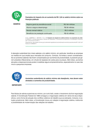 EIXO TEMÁTICO I: PRINCÍPIOS E DIREITOS 33
EXEMPLO
Exemplos do impacto de um aumento de R$ 1,00 no salário mínimo sobre as
finanças públicas
Regime geral da previdência social R$ 184 milhões
Abono e seguro-desemprego R$ 56 milhões
Renda mensal vitalícia R$ 3 milhões
Benefícios de prestação continuada R$ 43 milhões
Fonte: CAMBRAIA, T.; BATISTA, E. M. S. O impacto do reajuste do salário-mínimo no orçamento da união:
PL 382/2011 e demais alternativas. Câmara dos Deputados / Consultoria de Orçamento e Fiscalização Financeira,
2011 (nota técnica 01/2011).
Disponível em: http://www2.camara.gov.br/atividade-legislativa/orcamentobrasil/orcamentouniao/estudos/2011/nt01.pdf.
Acesso em 29/08/2011.
A elevação sustentável dos níveis salariais e do salário mínimo, em particular, beneficia as empresas
na medida em que amplia seus mercados de consumo. Contudo, há limites a serem considerados.
Se os aumentos salariais não forem compensados por aumentos de produtividade, é possível que ge-
rem pressões inflacionárias, em virtude de repasses de custos para os preços. Além disso, aumentos
abruptos e desproporcionais podem inviabilizar alguns empreendimentos, especialmente no caso das
micro e pequenas empresas.
Aumentos sustentáveis do salário mínimo são desejáveis, mas devem estar
atrelados a aumentos de produtividade.
IMPORTANTE
Para faixas de valores superiores ao mínimo, por outro lado, existe o mecanismo da livre negociação
salarial. A Constituição Federal de 1988 consagrou a negociação coletiva em vários de seus dispo-
sitivos, como forma de solução dos conflitos coletivos de trabalho que se sobrepõe, inclusive, à so-
lução jurisdicional. Além disso, a Constituição inovou em relação à negociação coletiva, instituindo
a possibilidade de modernização das relações de trabalho.
 