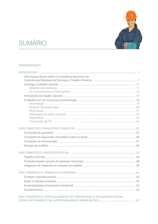 APRESENTAÇÃO
INTRODUÇÃO ................................................................................................................................... 7
Informações Gerais sobre a Conferência Nacional e as
Conferências Estaduais de Emprego e Trabalho Decente ............................................................. 7
Emprego e trabalho decente ......................................................................................................... 11
Múltiplos entendimentos ............................................................................................................. 11
Um conceito para um País produtivo .......................................................................................... 13
Indicadores de trabalho decente .................................................................................................. 17
O trabalho em um mundo em transformação .............................................................................. 18
Terceirização ................................................................................................................................ 18
Redução da jornada legal ........................................................................................................... 20
Horas extras ................................................................................................................................. 21
Participação do salário na renda ................................................................................................. 22
Rotatividade ................................................................................................................................. 23
Convenções da OIT ..................................................................................................................... 24
EIXO TEMÁTICO I: PRINCÍPIOS E DIREITOS ............................................................................... 27
Condições de igualdade ................................................................................................................ 27
Condições de segurança: prioridade à vida e à saúde ................................................................ 29
Condições de remuneração .......................................................................................................... 31
Solução de conflitos ...................................................................................................................... 34
EIXO TEMÁTICO II: PROTEÇÃO SOCIAL ..................................................................................... 35
Trabalho informal ........................................................................................................................... 35
Proteções legais a grupos de pessoas vulneráveis ..................................................................... 38
Integração de migrantes ao mercado de trabalho ....................................................................... 40
EIXO TEMÁTICO III: TRABALHO E EMPREGO ............................................................................. 43
Contexto macroeconômico ........................................................................................................... 43
Apoio à inclusão produtiva ............................................................................................................ 45
Sustentabilidade empresarial e ambiental .................................................................................... 50
Cooperativismo .............................................................................................................................. 53
EIXO TEMÁTICO IV: FORTALECIMENTO DO TRIPARTISMO E DO DIÁLOGO SOCIAL
COMO INSTRUMENTO DE GOVERNABILIDADE DEMOCRÁTICA .............................................. 55
SUMÁRIO
 