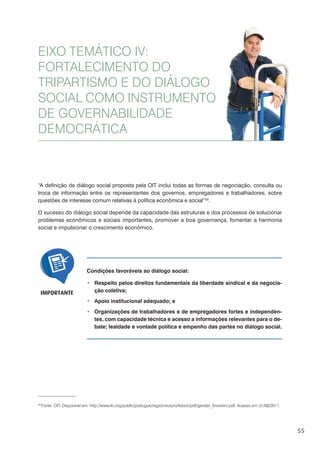 55
“A definição de diálogo social proposta pela OIT inclui todas as formas de negociação, consulta ou
troca de informação entre os representantes dos governos, empregadores e trabalhadores, sobre
questões de interesse comum relativas à política econômica e social”33
.
O sucesso do diálogo social depende da capacidade das estruturas e dos processos de solucionar
problemas econômicos e sociais importantes, promover a boa governança, fomentar a harmonia
social e impulsionar o crescimento econômico.
EIXO TEMÁTICO IV:
FORTALECIMENTO DO
TRIPARTISMO E DO DIÁLOGO
SOCIAL COMO INSTRUMENTO
DE GOVERNABILIDADE
DEMOCRÁTICA
33
Fonte: OIT. Disponível em: http://www.ilo.org/public/portugue/region/eurpro/lisbon/pdf/gender_fevereiro.pdf. Acesso em 31/08/2011.
Condições favoráveis ao diálogo social:
Respeito pelos direitos fundamentais da liberdade sindical e da negocia-
ção coletiva;
Apoio institucional adequado; e
Organizações de trabalhadores e de empregadores fortes e independen-
tes, com capacidade técnica e acesso a informações relevantes para o de-
bate; lealdade e vontade política e empenho das partes no diálogo social.
IMPORTANTE
 