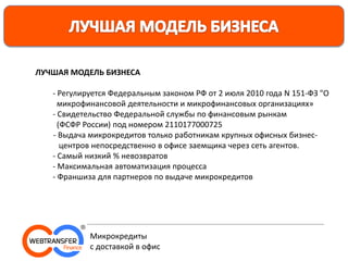 ЛУЧШАЯ МОДЕЛЬ БИЗНЕСА
- Регулируется Федеральным законом РФ от 2 июля 2010 года N 151-ФЗ "О
микрофинансовой деятельности и микрофинансовых организациях»
- Свидетельство Федеральной службы по финансовым рынкам
(ФСФР России) под номером 2110177000725
- Выдача микрокредитов только работникам крупных офисных бизнес-
центров непосредственно в офисе заемщика через сеть агентов.
- Самый низкий % невозвратов
- Максимальная автоматизация процесса
- Франшиза для партнеров по выдаче микрокредитов
Микрокредиты
с доставкой в офис
 