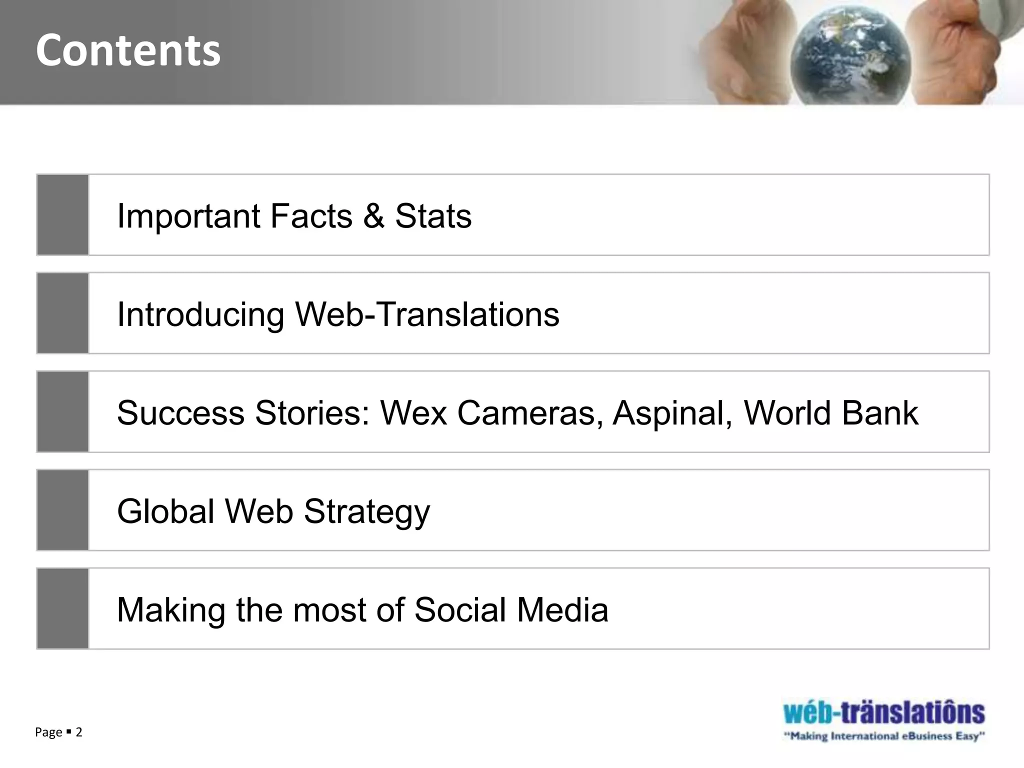 Page 2ContentsImportant Facts & Stats Introducing Web-TranslationsSuccess Stories: Wex Cameras, Aspinal, World BankGlobal Web StrategyMaking the most of Social Media