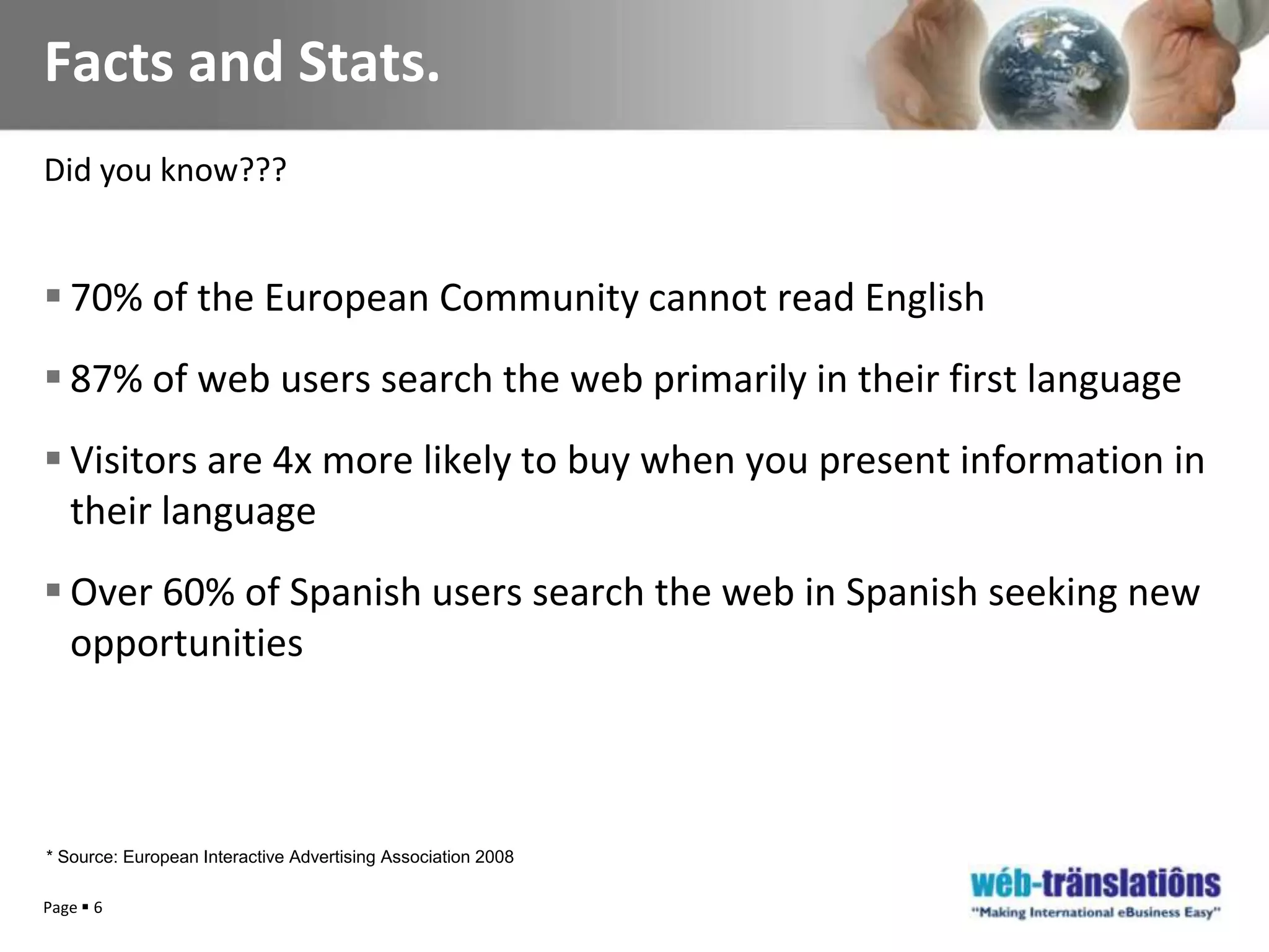 Page 6Facts and Stats.Did you know???70% of the European Community cannot read English87% of web users search the web primarily in their first languageVisitors are 4x more likely to buy when you present information in their languageOver 60% of Spanish users search the web in Spanish seeking new opportunities* Source: European Interactive Advertising Association 2008