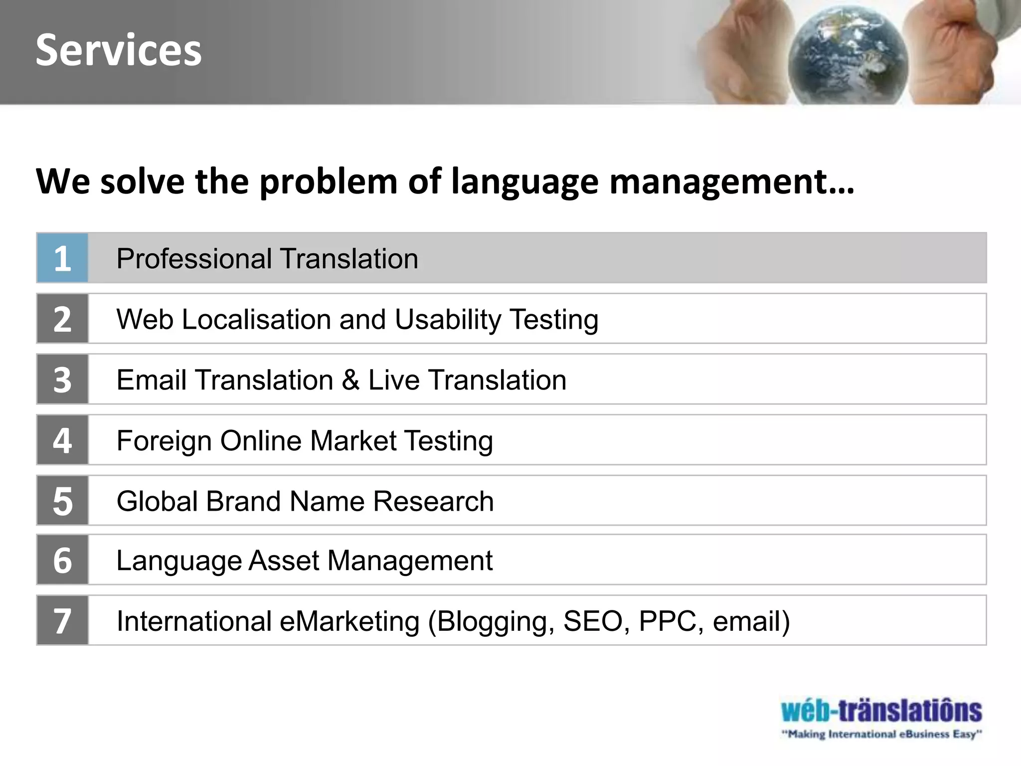 ServicesWe solve the problem of language management…Professional Translation1Web Localisation and Usability Testing2Email Translation & Live Translation3Foreign Online Market Testing4Global Brand Name Research 5Language Asset Management6International eMarketing (Blogging, SEO, PPC, email)7