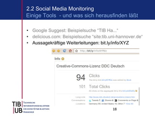 Google Suggest: Beispielsuche “TIB Ha...“ delicious.com: Beispielsuche “site:tib.uni-hannover.de“ Aussagekräftige Weiterleitungen: bit.ly/info/XYZ 2.2 Social Media Monitoring Einige Tools  - und was sich herausfinden läßt 