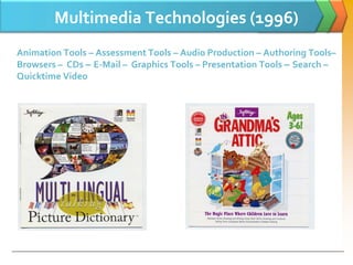 Multimedia Technologies (1996)
Animation Tools – Assessment Tools – Audio Production – Authoring Tools–
Browsers – CDs – E-Mail – Graphics Tools – Presentation Tools – Search –
Quicktime Video
 