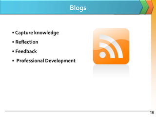 Blogs


• Capture knowledge
• Reflection
• Feedback
• Professional Development




                               16
 