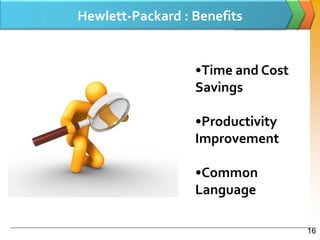 Hewlett-Packard : Benefits


                  •Time and Cost
                  Savings

                  •Productivity
                  Improvement

                  •Common
                  Language

                                   16
 