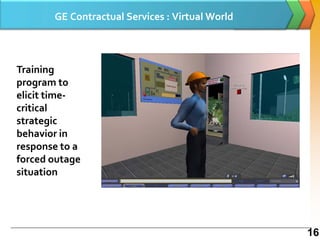 GE Contractual Services : Virtual World



Training
program to
elicit time-
critical
strategic
behavior in
response to a
forced outage
situation




                                                 16
 