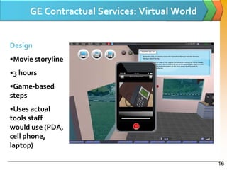 GE Contractual Services: Virtual World


Design
•Movie storyline
•3 hours
•Game-based
steps
•Uses actual
tools staff
would use (PDA,
cell phone,
laptop)

                                               16
 