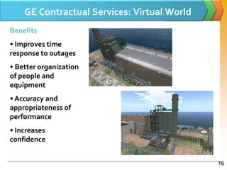 GE Contractual Services: Virtual World
Benefits
• Improves time
response to outages
• Better organization
of people and
equipment
• Accuracy and
appropriateness of
performance
• Increases
confidence


                                             16
 