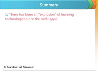 Summary

 There has been an “explosion” of learning
technologies since the mid-1990s
 