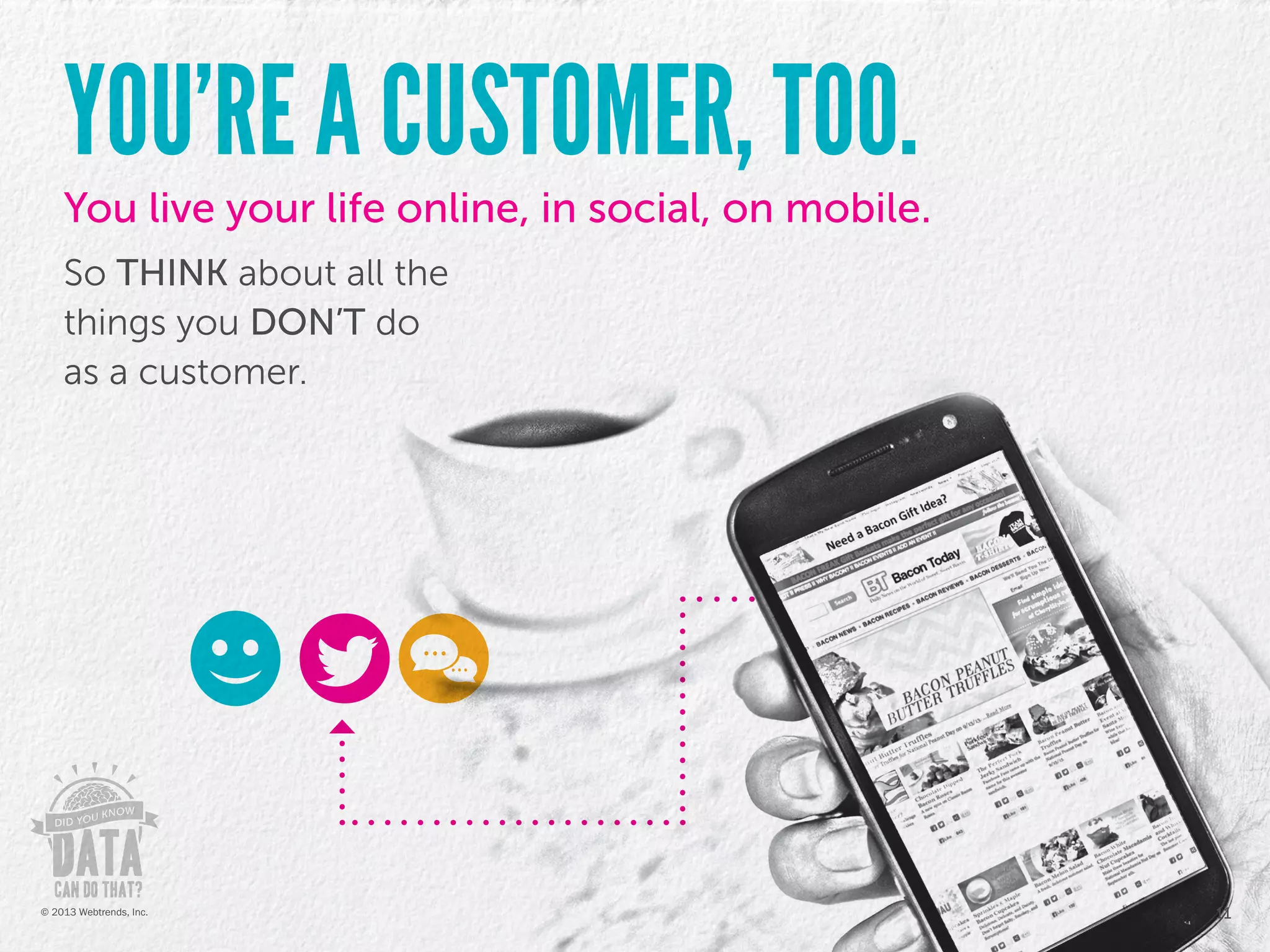 YOU’RE A CUSTOMER, TOO.
So THINK about all the
things you DON’T do
as a customer.
You live your life online, in social, on mobile.
11© 2013 Webtrends, Inc.
 