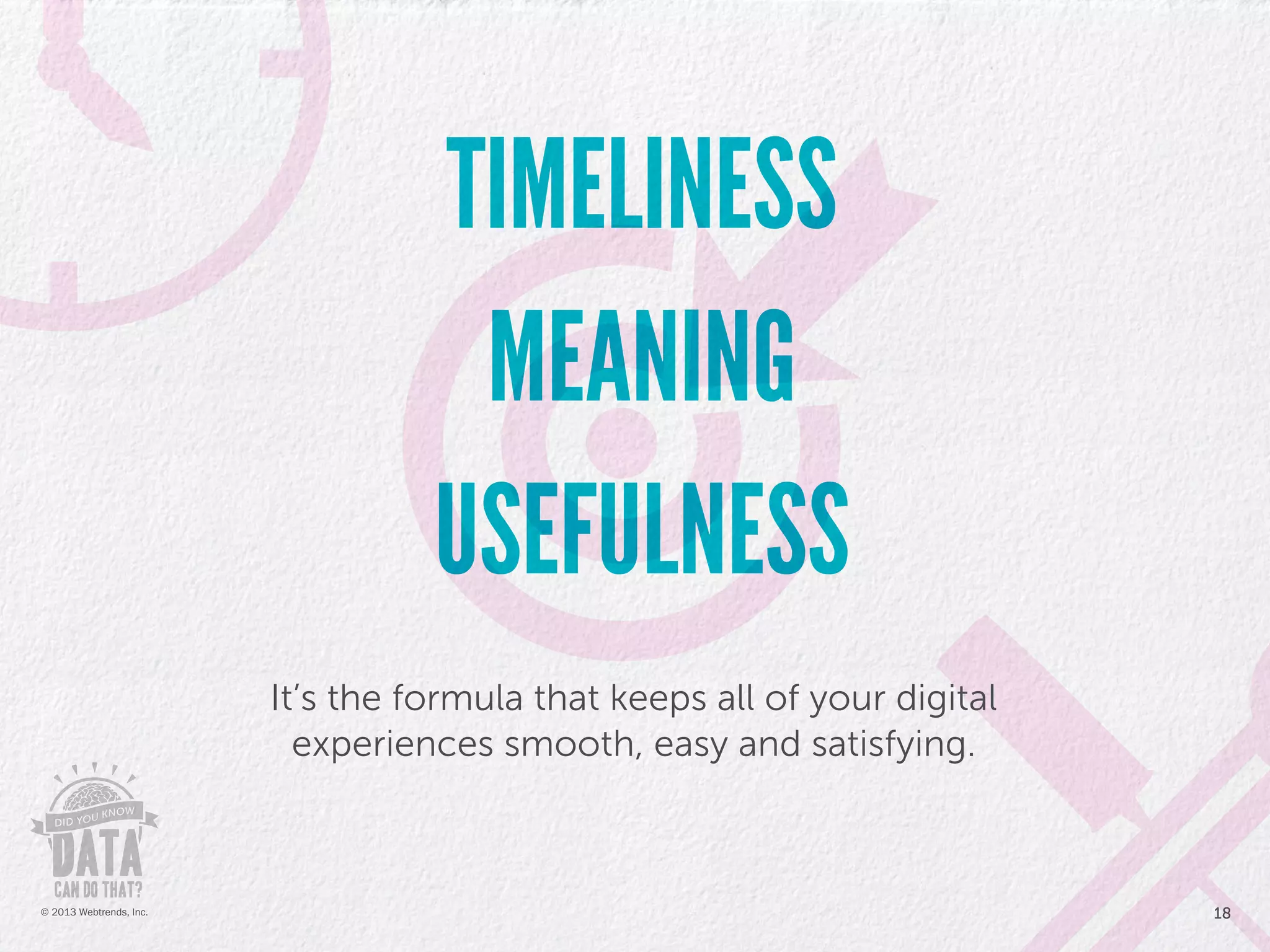 It’s the formula that keeps all of your digital
experiences smooth, easy and satisfying.
TIMELINESS
MEANING
USEFULNESS
18© 2013 Webtrends, Inc.
 
