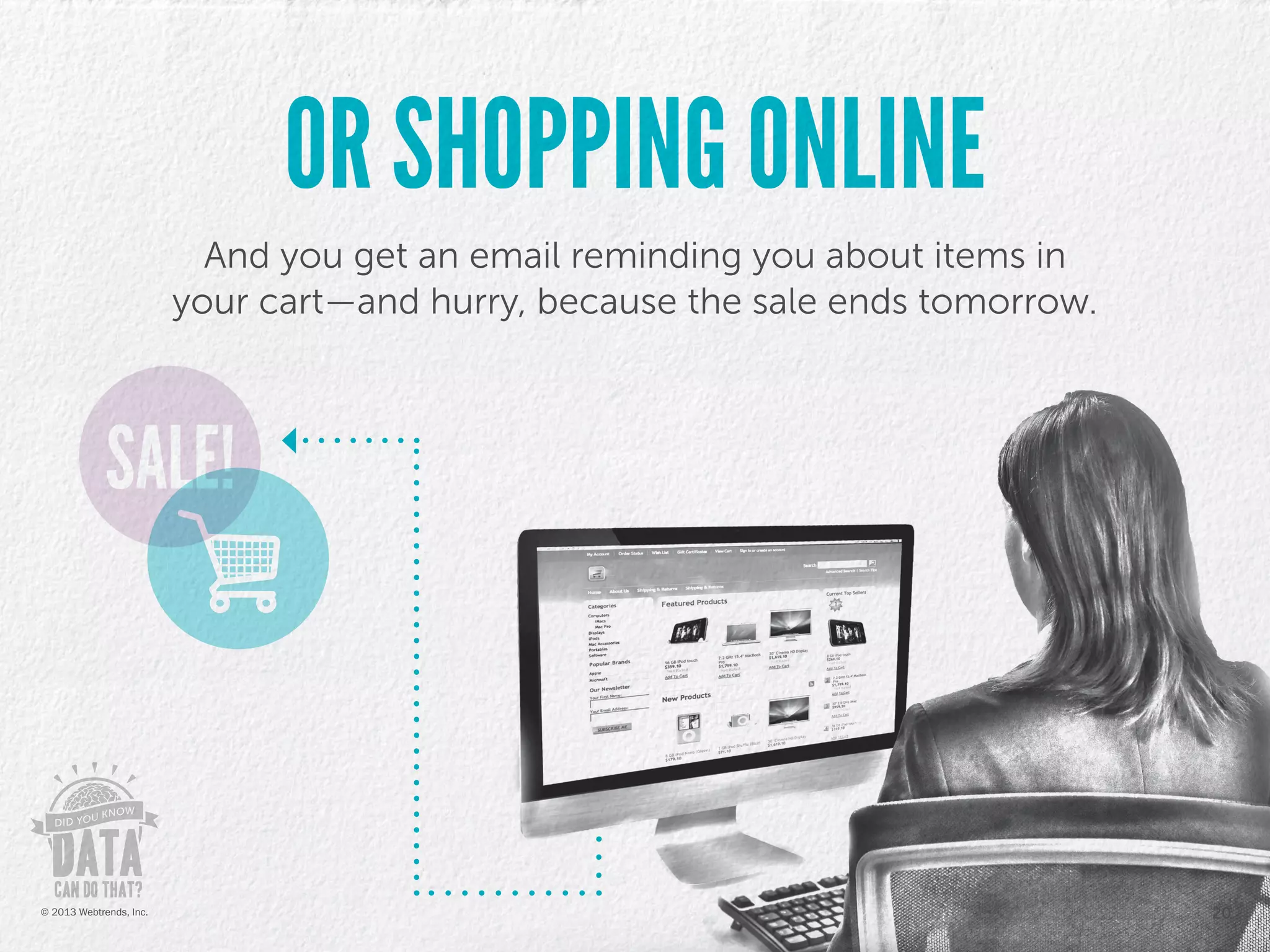 And you get an email reminding you about items in
your cart—and hurry, because the sale ends tomorrow.
OR SHOPPING ONLINE
20© 2013 Webtrends, Inc.
 