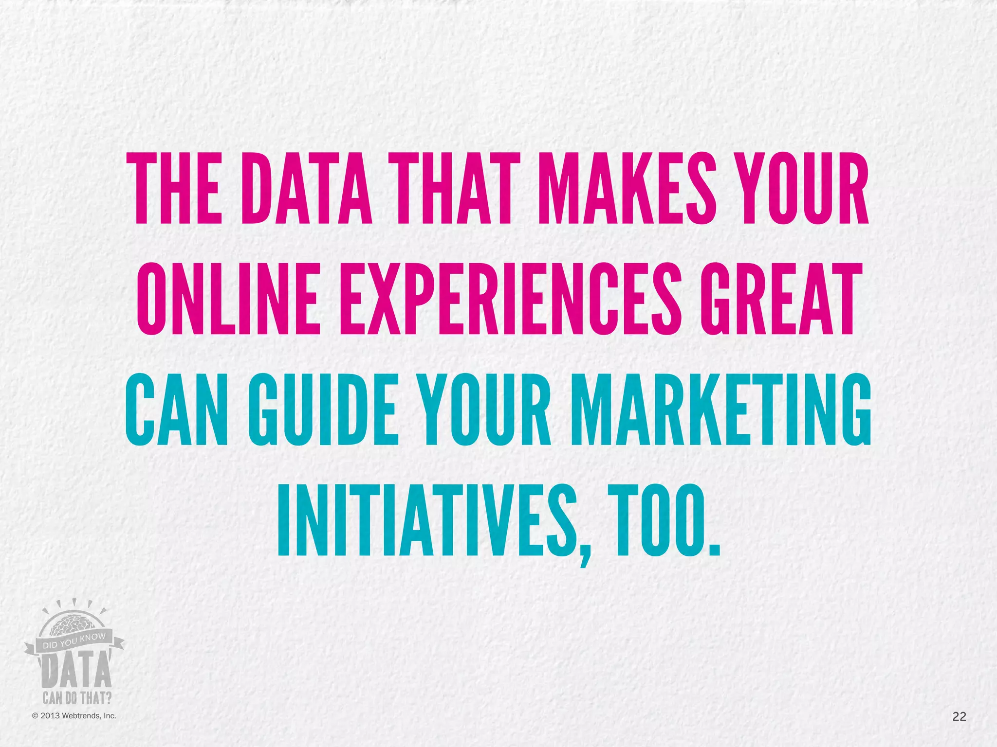 THE DATA THAT MAKES YOUR
ONLINE EXPERIENCES GREAT
CAN GUIDE YOUR MARKETING
INITIATIVES, TOO.
22© 2013 Webtrends, Inc.
 