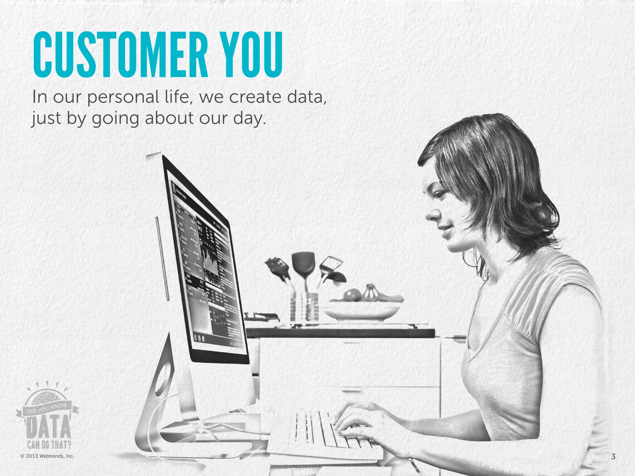 In our personal life, we create data,
just by going about our day.
CUSTOMER YOU
3© 2013 Webtrends, Inc.
 