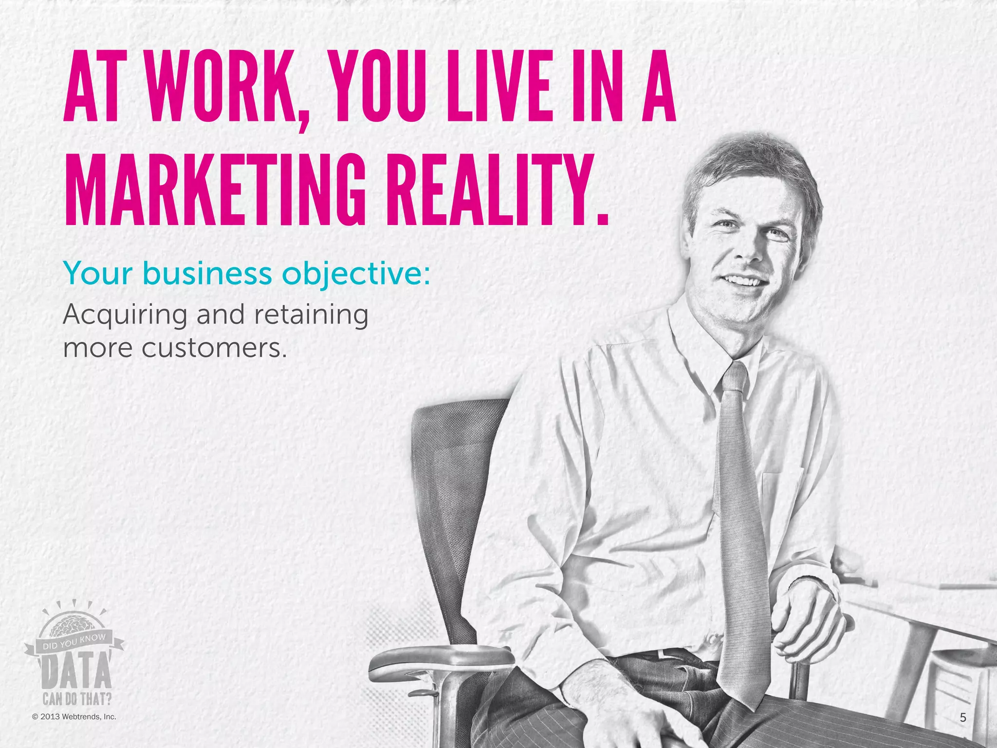 AT WORK, YOU LIVE IN A
MARKETING REALITY.
Your business objective:
Acquiring and retaining
more customers.
5© 2013 Webtrends, Inc.
 