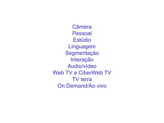 Câmera Pessoal Estúdio Linguagem Segmentação Interação Audio/vídeo Web TV e CiberWeb TV TV terra On Demand/Ao vivo 