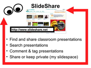 SlideShare Find and share classroom presentations Search presentations Comment & tag presentations Share or keep private (my slidespace) http://www.slideshare.net 