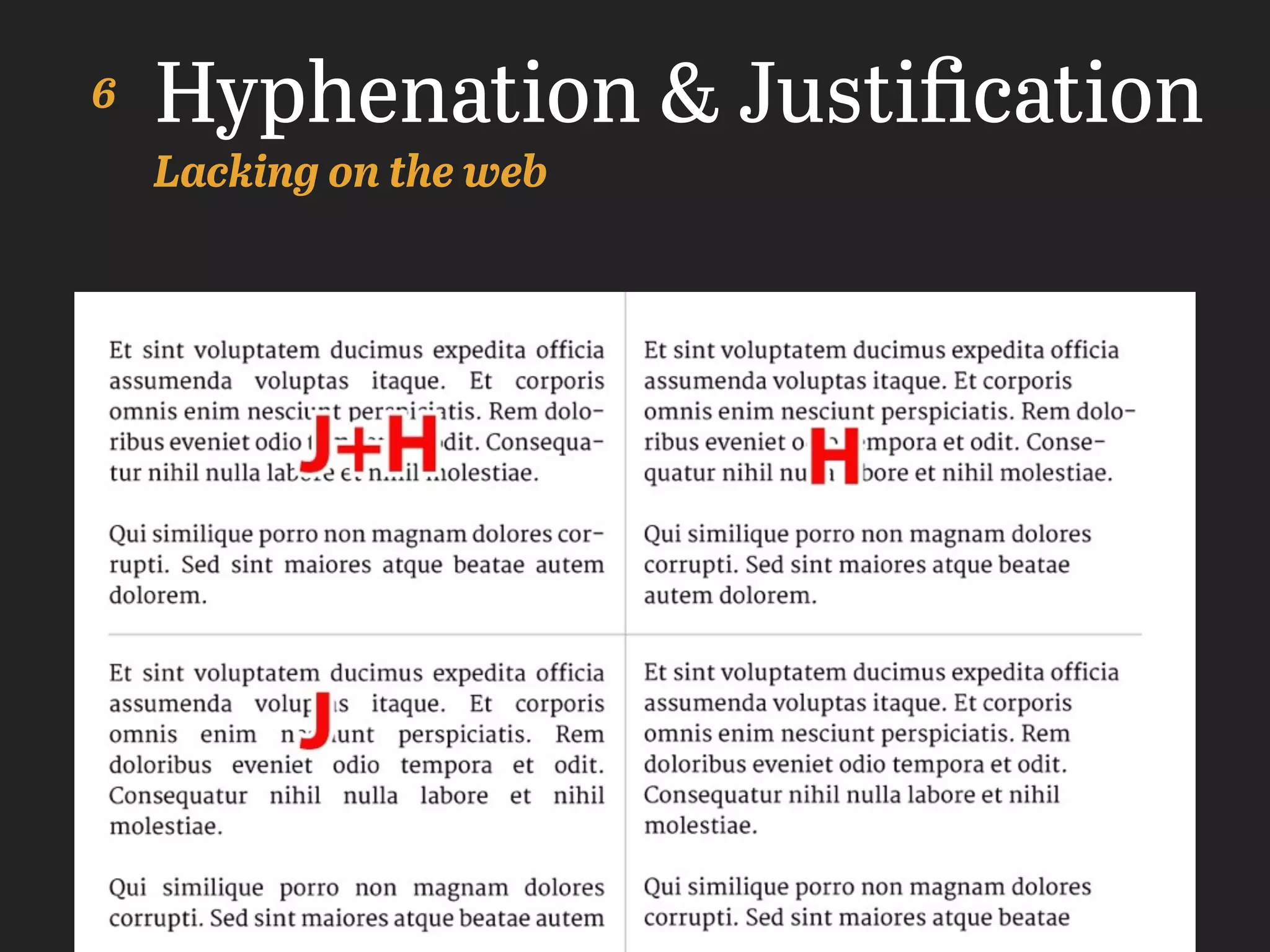 Hyphenation & Justiﬁcation
Lacking on the web
6
 