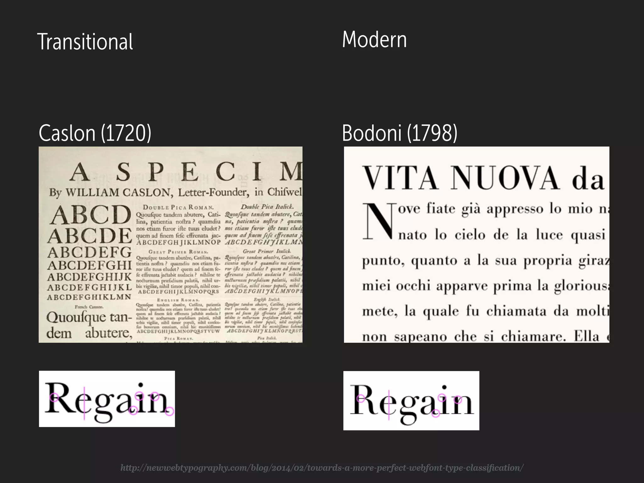 Transitional
Caslon (1720) Bodoni (1798)
Modern
http://newwebtypography.com/blog/2014/02/towards-a-more-perfect-webfont-type-classiﬁcation/
 