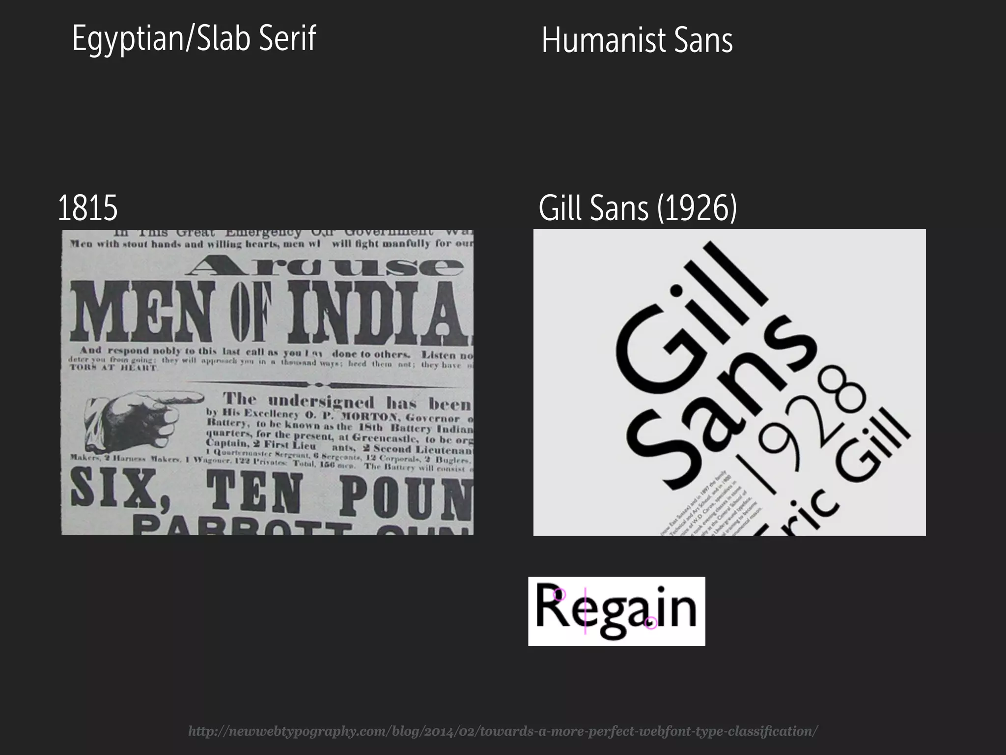 Humanist Sans
Gill Sans (1926)
Egyptian/Slab Serif
1815
http://newwebtypography.com/blog/2014/02/towards-a-more-perfect-webfont-type-classiﬁcation/
 