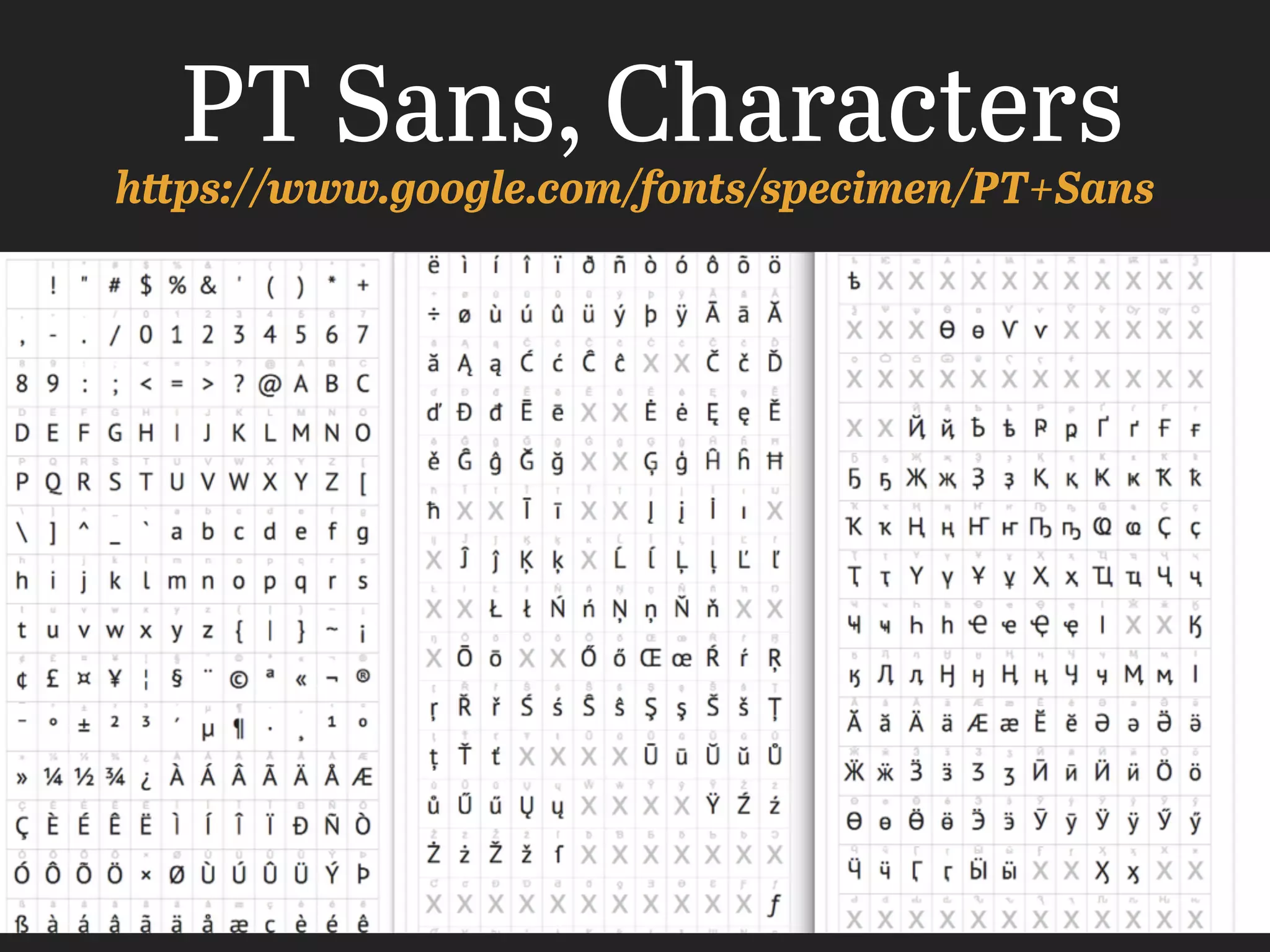 https://www.google.com/fonts/specimen/PT+Sans
PT Sans, Characters
 