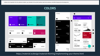 COLORSCOLORS
https://material.io/design/material-theming/implementing-your-theme.html
I pulled a lot of inspiration from this reference material (pun intended). Set up which sections need color schemes, and define foregrounds and backgrounds.
 