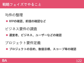 戦略フェイズでやること
与件の整理
 RFPの確認、前提の確認など
ビジネス要件の調査
 運営者、ビジネス、ユーザーなどの確認
プロジェクト要件定義
 プロジェクトの目的、数値目標、スコープ等の確認
122
 
