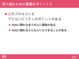 取り組むための重要なポイント2
どのプロセスにも
アクセシビリティのポイントがある
 Webに関わる全ての人に関係がある
 Webに関わるどんな人にもできることがある
167
 