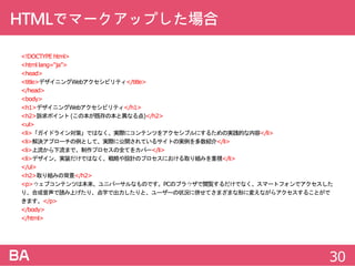 HTMLでマークアップした場合
<!DOCTYPEhtml>
<htmllang=“ja”>
<head>
<title>デザイニングWebアクセシビリティ</title>
</head>
<body>
<h1>デザイニングWebアクセシビリティ</h1>
<h2>訴求ポイント(この本が既存の本と異なる点)</h2>
<ul>
<li>「ガイドライン対策」ではなく、実際にコンテンツをアクセシブルにするための実践的な内容</li>
<li>解決アプローチの例として、実際に公開されているサイトの実例を多数紹介</li>
<li>上流から下流まで、制作プロセスの全てをカバー</li>
<li>デザイン、実装だけではなく、戦略や設計のプロセスにおける取り組みを重視</li>
</ul>
<h2>取り組みの背景</h2>
<p>ウェブコンテンツは本来、ユニバーサルなものです。PCのブラウザで閲覧するだけでなく、スマートフォンでアクセスした
り、合成音声で読み上げたり、点字で出力したりと、ユーザーの状況に併せてさまざまな形に変えながらアクセスすることがで
きます。</p>
</body>
</html>
30
 