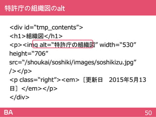 特許庁の組織図のalt
<divid=“tmp_contents”>
<h1>組織図</h1>
<p><imgalt=“特許庁の組織図”width=“530”
height=“706”
src=“/shoukai/soshiki/images/soshikizu.jpg”
/></p>
<pclass=“right”><em>［更新日 2015年5月13日］
</em></p>
</div>
50
 
