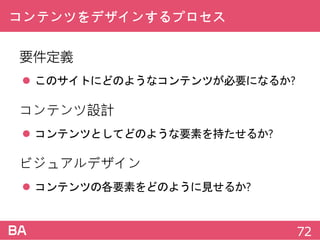 コンテンツをデザインするプロセス
要件定義
 このサイトにどのようなコンテンツが必要になるか?
コンテンツ設計
 コンテンツとしてどのような要素を持たせるか?
ビジュアルデザイン
 コンテンツの各要素をどのように見せるか?
72
 