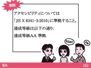 アクセシビリティについては
「JIS X 8341-3:2010」に準拠すること。
達成等級は以下の通り:
達成等級ＡＡ 準拠
162
実例
 