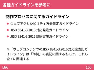 各種ガイドラインを参考に
制作プロセスに関するガイドライン
 ウェブアクセシビリティ方針策定ガイドライン
 JISX8341-3:2016対応発注ガイドライン
 JISX8341-3:2016試験実施ガイドライン
※「ウェブコンテンツのJIS X8341-3:2016対応度表記ガ
イドライン」は「準拠」の表記に関するもので、これら
全てに関連する
166
 