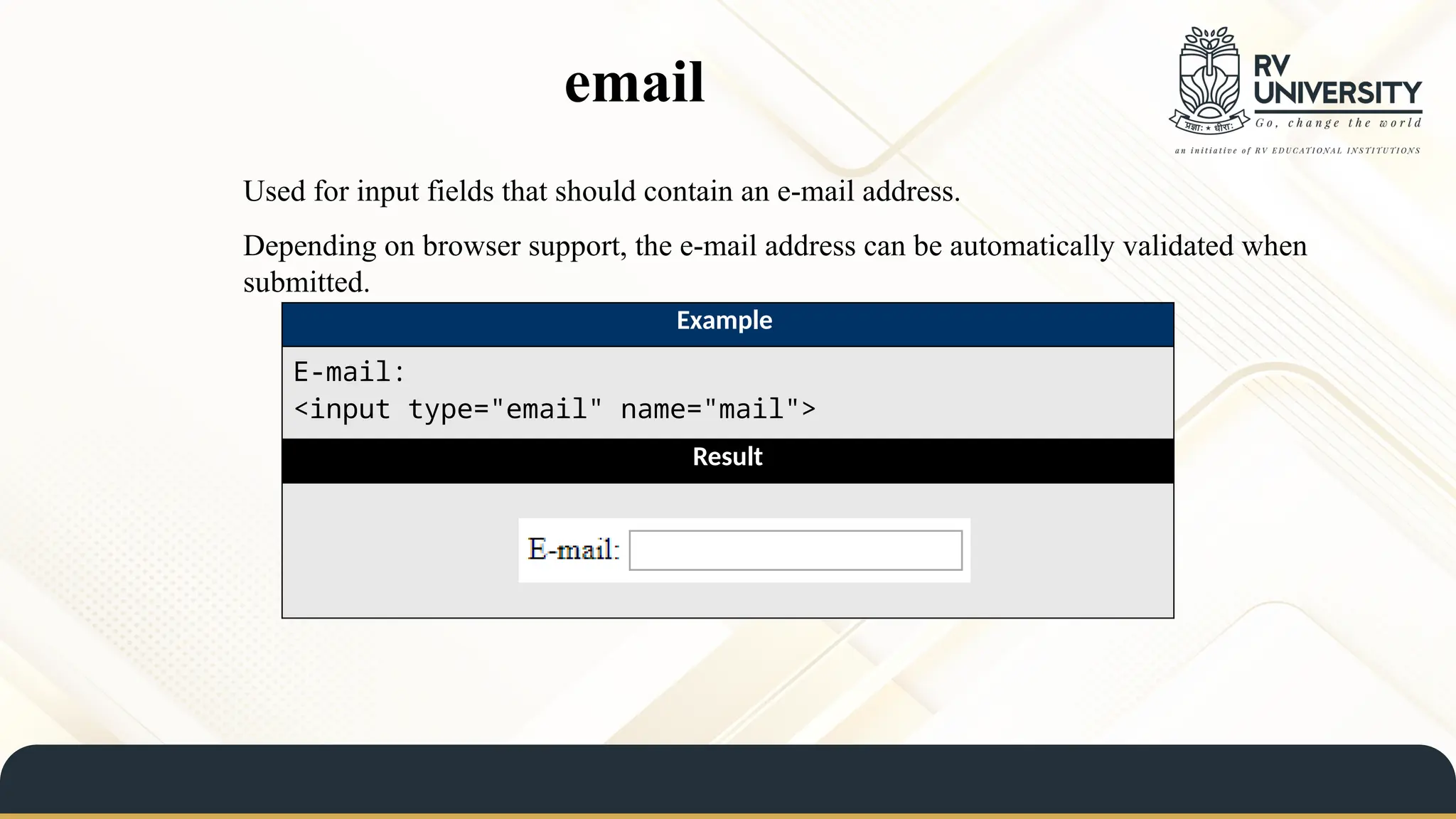 email
Used for input fields that should contain an e-mail address.
Depending on browser support, the e-mail address can be automatically validated when
submitted.
Example
E-mail:
<input type="email" name="mail">
Result
 