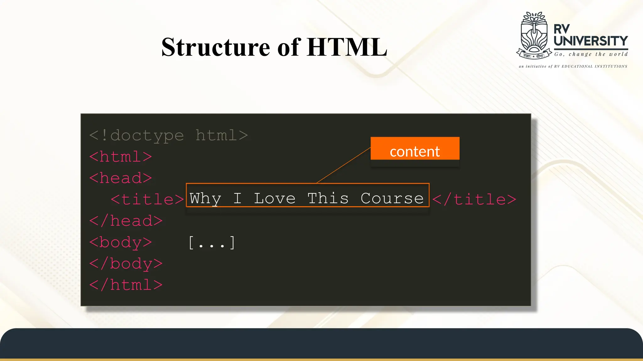 Structure of HTML
</title>
<!doctype html>
<html>
<head>
<title>
</head>
<body> [...]
</body>
</html>
Why I Love This Course
content
 