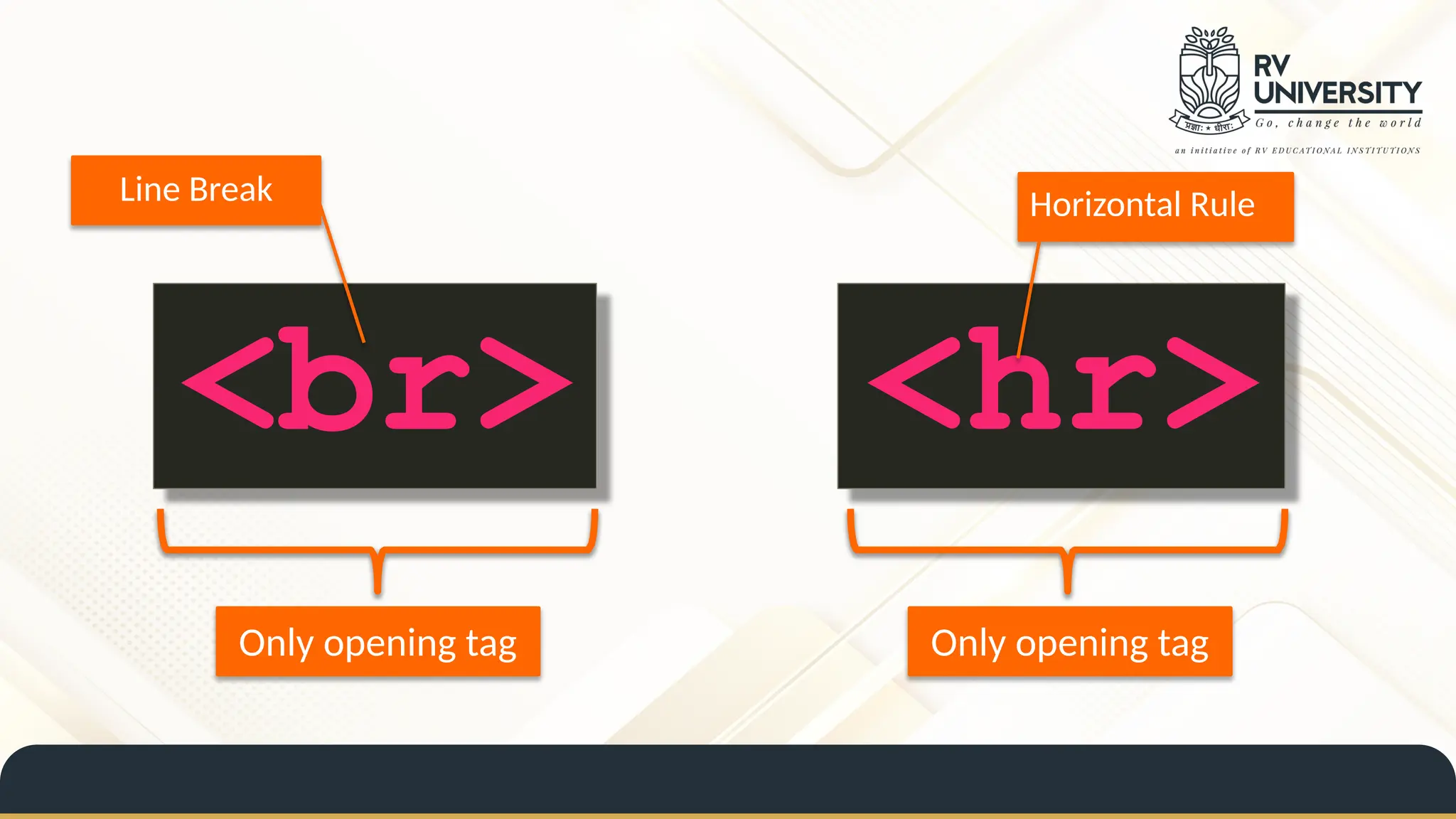 <br> <hr>
Line Break
Only opening tag Only opening tag
Horizontal Rule
 