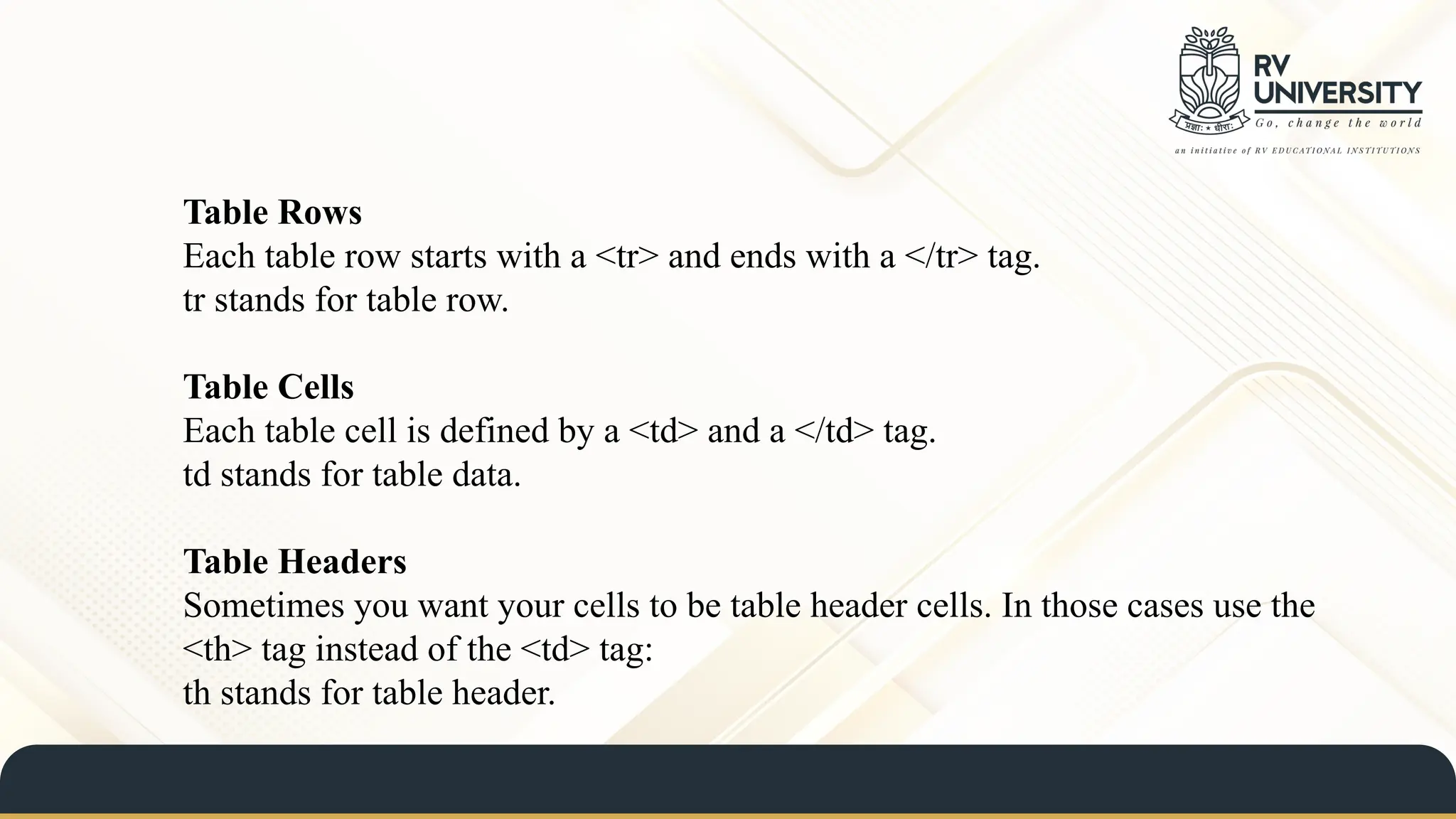 Table Rows
Each table row starts with a <tr> and ends with a </tr> tag.
tr stands for table row.
Table Cells
Each table cell is defined by a <td> and a </td> tag.
td stands for table data.
Table Headers
Sometimes you want your cells to be table header cells. In those cases use the
<th> tag instead of the <td> tag:
th stands for table header.
 