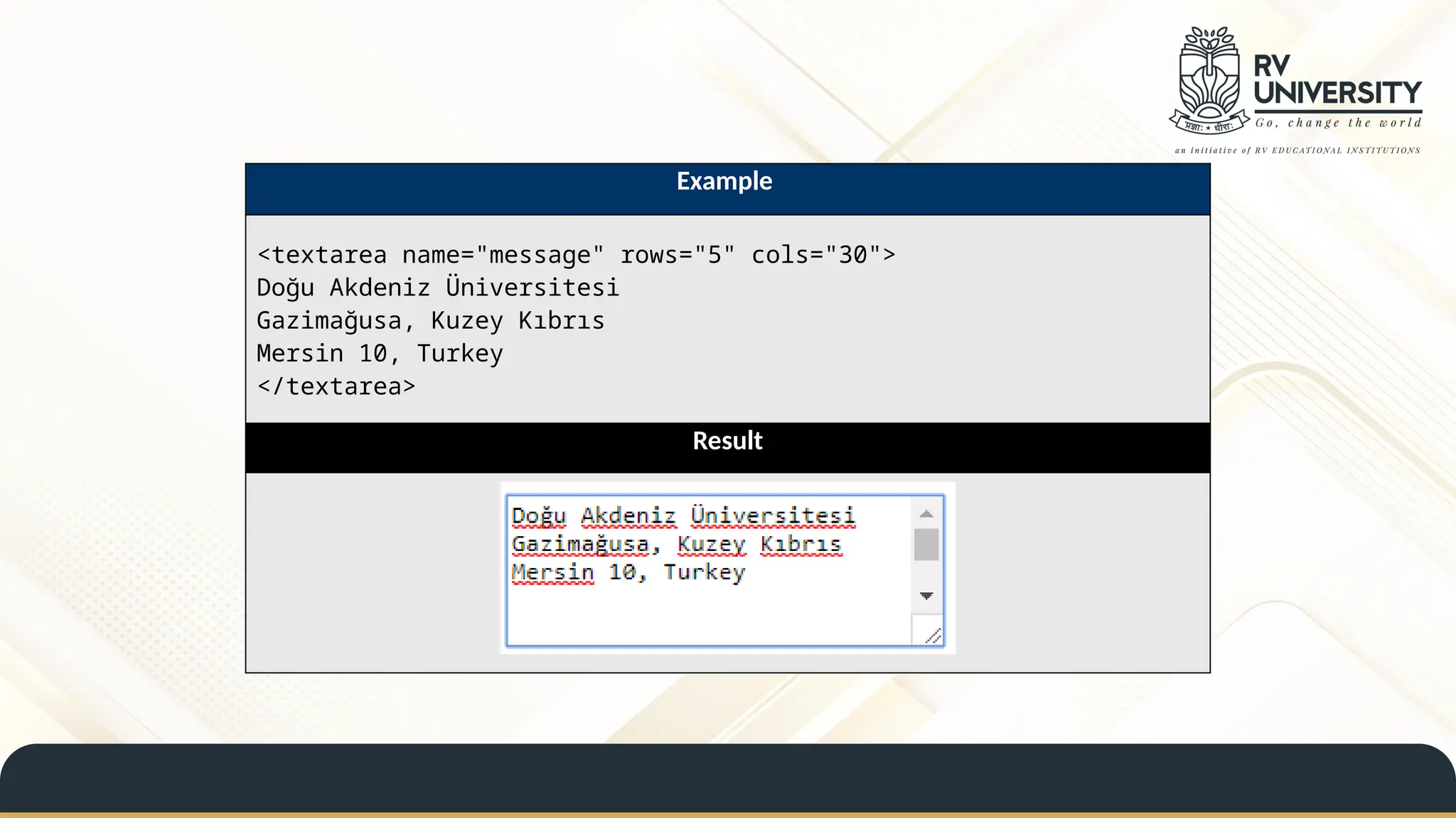 Example
<textarea name="message" rows="5" cols="30">
Doğu Akdeniz Üniversitesi
Gazimağusa, Kuzey Kıbrıs
Mersin 10, Turkey
</textarea>
Result
 