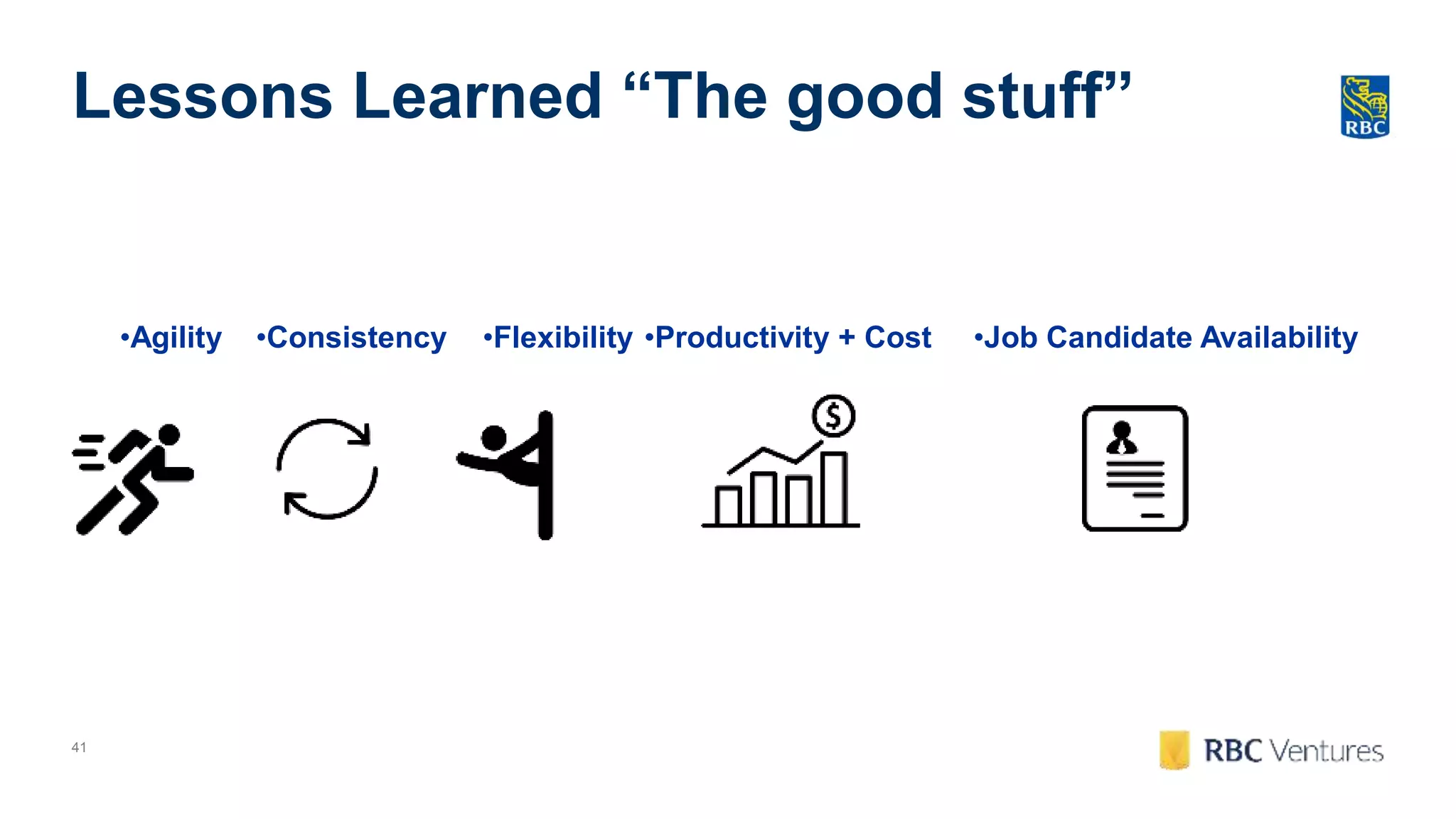41
Lessons Learned “The good stuff”
•Productivity + Cost •Job Candidate Availability•Consistency•Agility •Flexibility
 