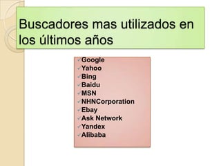 Buscadores mas utilizados en
los últimos años
Google
Yahoo
Bing
Baidu
MSN
NHNCorporation
Ebay
Ask Network
Yandex
Alibaba
 