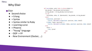 Why Elixir
Elixir
● Second choice
● + Erlang
● + Syntax
● + Syntax similar to Ruby
● + Learning curve
● + Phoenix
● - “Young” language
● - OOP -> FP
● - New Environment (Docker, …)
 